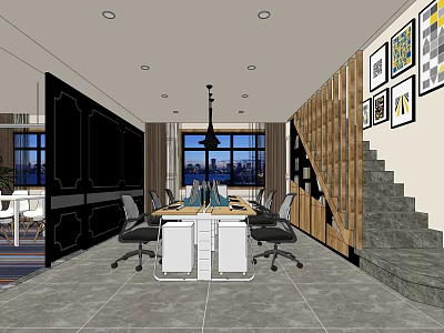 Modern Public Office Space With Open Layout Desks Chairs And Decorative Paintings 3d model