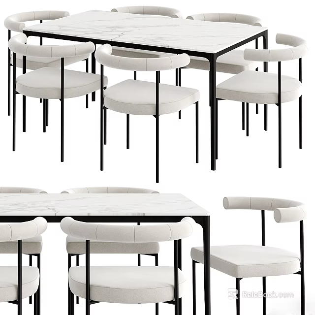 Modern Dining Table Set With Marble Top White Upholstered Chairs And Black Metal Legs 3d model 