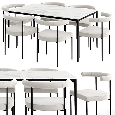 Modern Dining Table Set With Marble Top White Upholstered Chairs And Black Metal Legs 3d model