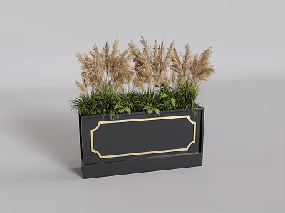 Plant Combination In Black Planter With Gold Accent Tall Reed Grasses And Green Foliage 3d model