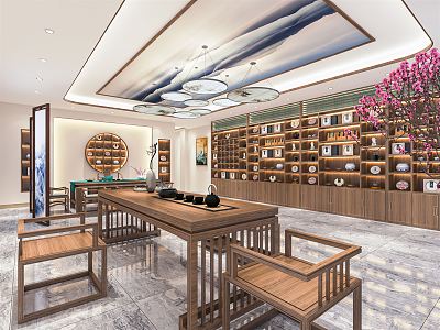 New Chinese Tea Shop Tea Tobacco and Wine Shop Tea Display Cabinet Tea Tasting Area Tea Table and Chair Entrance Background Wall 3d model