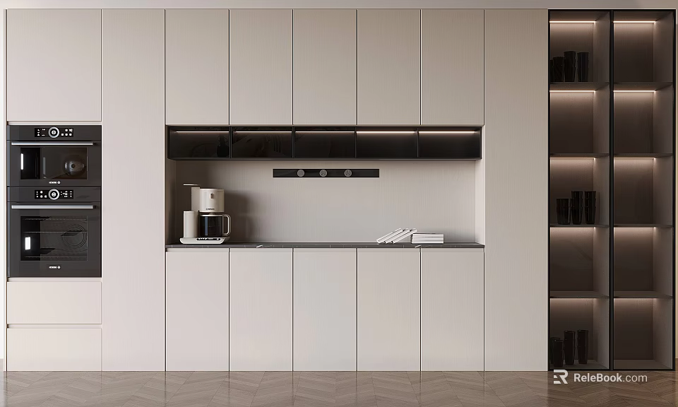 Elegant Modern Wine Cabinet In Open Concept Kitchen Interior With Stylish Storage Shelves 3d model 