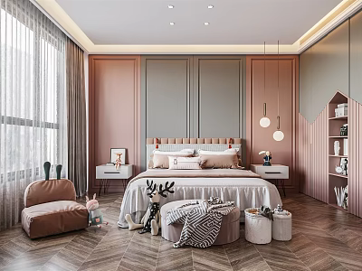 Cozy Kids Room Interior With Pink Gray Bed Herringbone Flooring Bean Bag Chair And Bookshelf 3d model