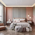 Cozy Kids Room Interior With Pink Gray Bed Herringbone Flooring Bean Bag Chair And Bookshelf
