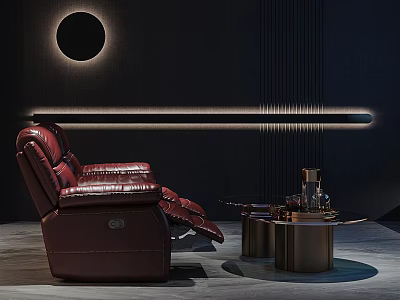 Modern Home Theater Interior With Red Leather Recliner And Circular Accent Light 3d model