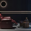 Modern Home Theater Interior With Red Leather Recliner And Circular Accent Light
