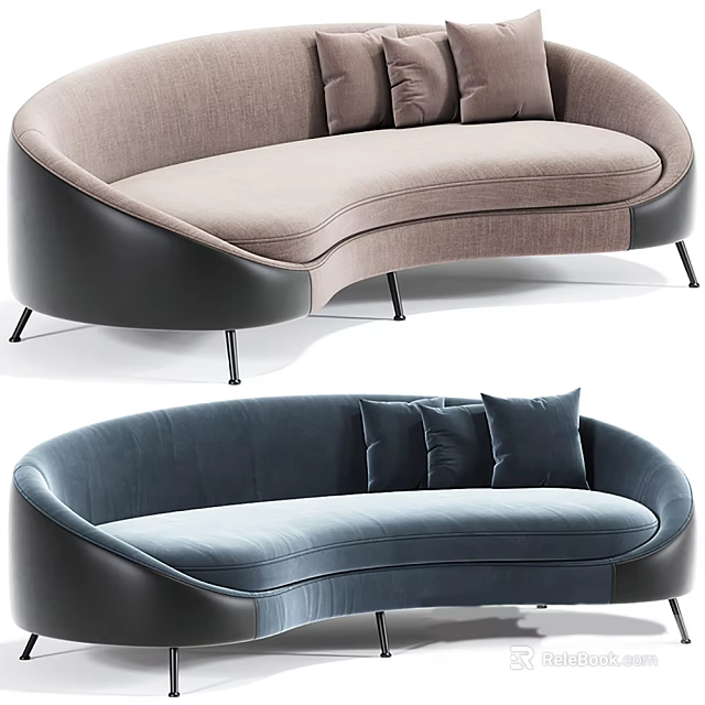 Modern Curved Multi-seat Sofa With Light Brown Dark Blue Upholstery Pillows And Black Metal Legs 3d model 