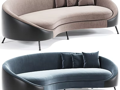 Modern Curved Multi-seat Sofa With Light Brown Dark Blue Upholstery Pillows And Black Metal Legs 3d model