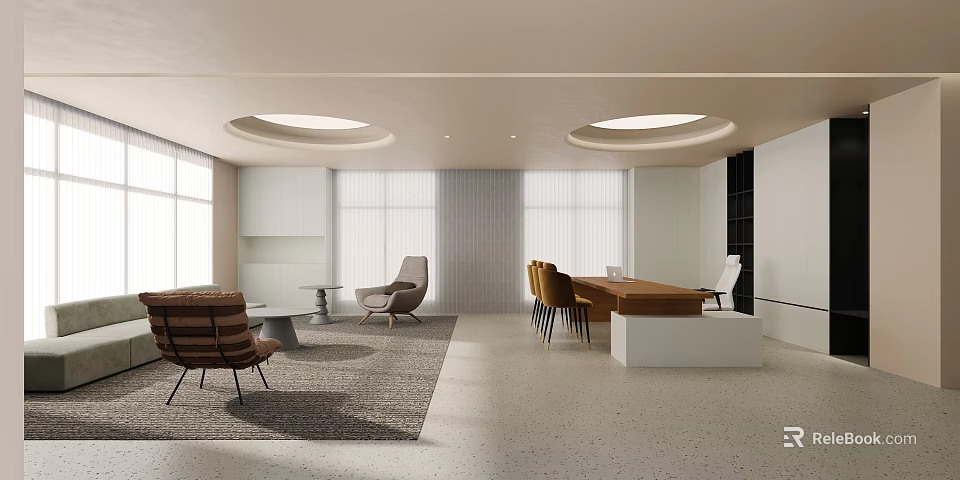 Modern Office Interior Design With Open Layout Sofa Desk Chairs And Round Lighting 3d model 