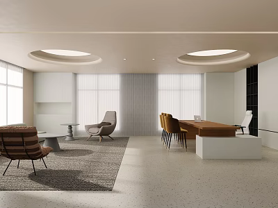 Modern Office Interior Design With Open Layout Sofa Desk Chairs And Round Lighting 3d model