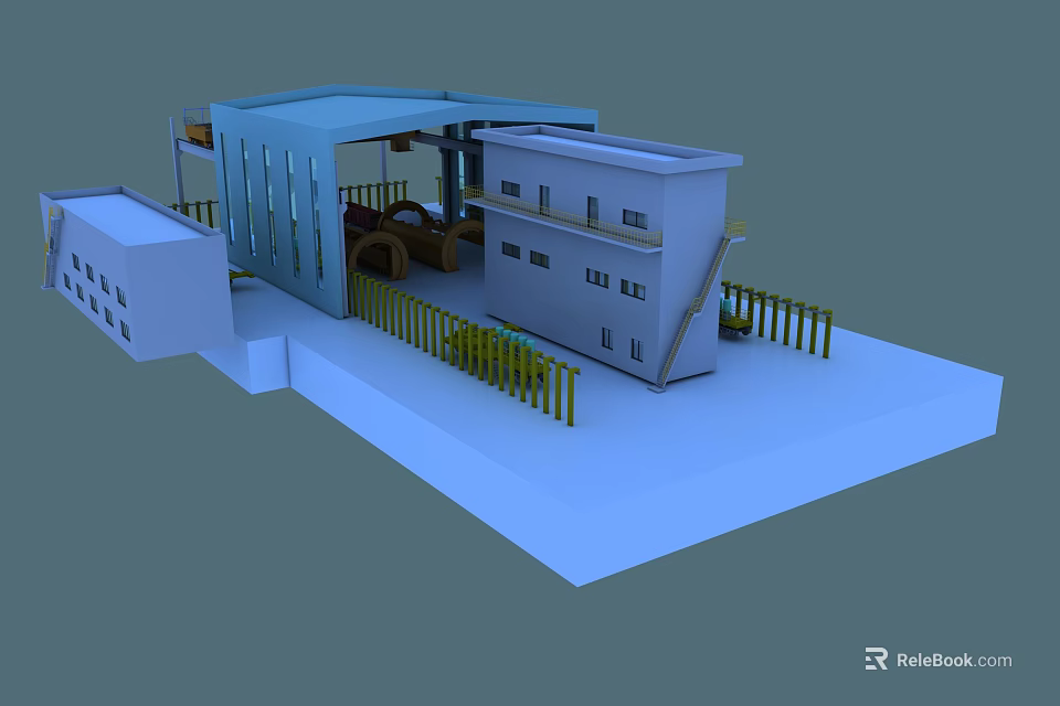 Industrial Equipment Facility With Building Structure Large Mechanical Components And Fencing 3d model 