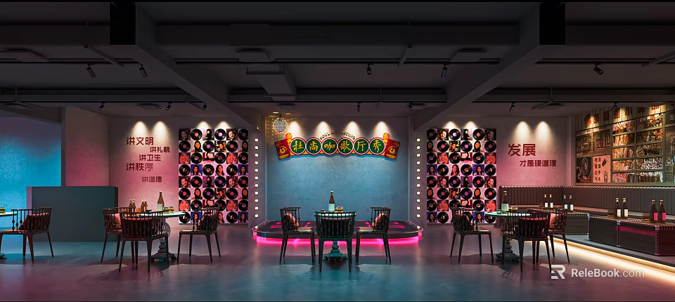 Stylish Bar Interior Design With Wine Racks Tables And Neon Lights On Blue Walls 3d model 