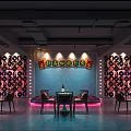 Stylish Bar Interior Design With Wine Racks Tables And Neon Lights On Blue Walls