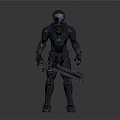 Futuristic Armored Character With Detailed Mechanical Armor And Blue Visor Holding Large Weapon