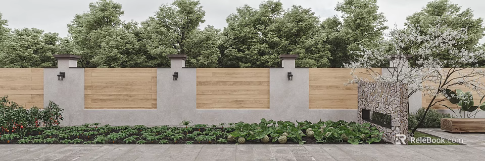 Garden Landscape Featuring Wooden Fence Stone Wall Pillars Wall Lamps And Vegetable Plants 3d model 