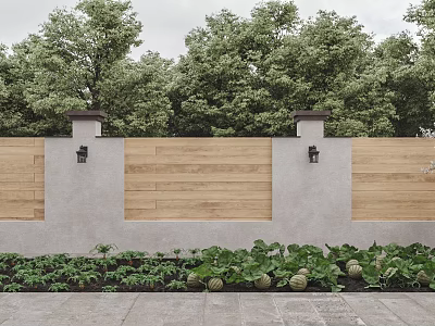 Garden Landscape Featuring Wooden Fence Stone Wall Pillars Wall Lamps And Vegetable Plants 3d model