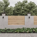 Garden Landscape Featuring Wooden Fence Stone Wall Pillars Wall Lamps And Vegetable Plants
