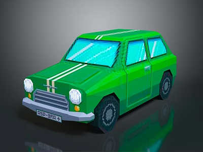 Green Pixel Art Car with White Stripes and Reflective Retro Design Features 3d model