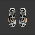 Modern White Gray Sports Sneakers with Orange Stripes Sleek Design and Reflective Details