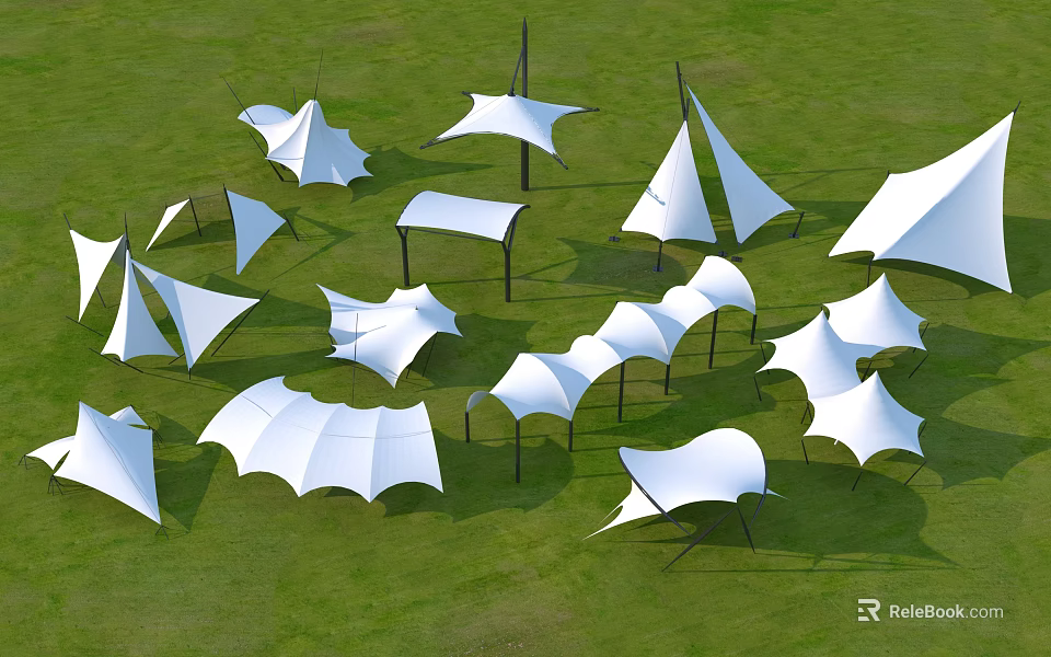 Outdoor White Tensile Membrane Structures with Various Shapes on Green Grassland 3d model 