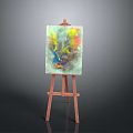 Wooden Easel Displaying Abstract Painting With Colorful Blend And Vibrant Texture