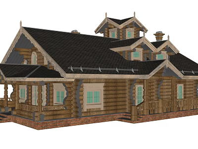 Wooden Detached Villa With Black Gabled Roof Log Exterior Windows And Porch 3d model