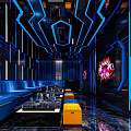 Modern KTV Interior Design With Blue Lighting Sofas LED Screens And Decorative Walls