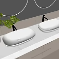 Modern Bathroom Double White Washbasins on Marble Countertop with Round Mirror LED Light Green Plant