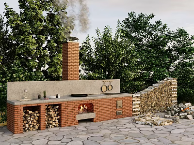 Outdoor Brick Grill Area With Chimney Firewood Stack Stone Paved Ground And Green Trees 3d model