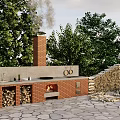 Outdoor Brick Grill Area With Chimney Firewood Stack Stone Paved Ground And Green Trees