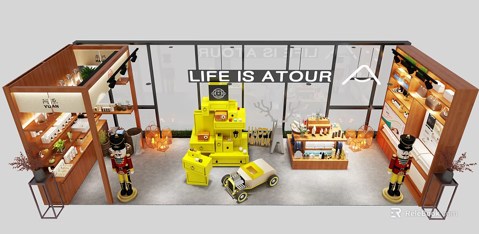 Life Is A Tour Specialty Store With Yellow Display Cabinets Toy Car And Decorative Lights 3d model 