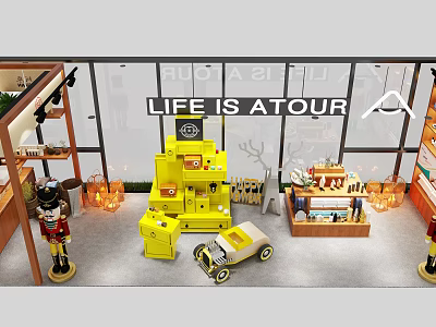 Life Is A Tour Specialty Store With Yellow Display Cabinets Toy Car And Decorative Lights 3d model