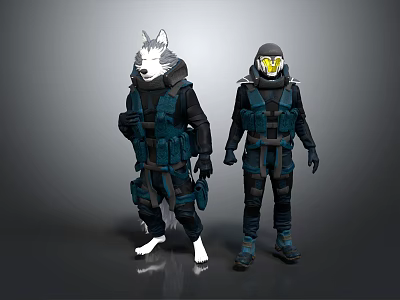 Game Movie Characters Featuring Wolf Head And Helmeted Figure In Tactical Dark Blue Outfits 3d model