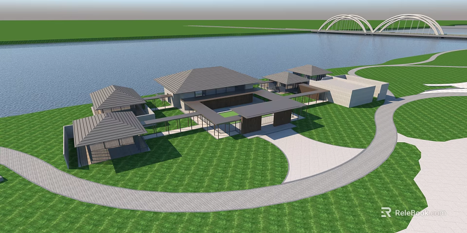 Modern Lakefront Architecture Complex With Green Lawn Curved Path And Arch Bridge 3d model 