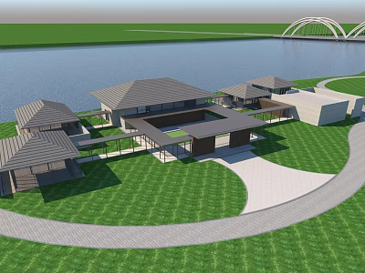 Modern Lakefront Architecture Complex With Green Lawn Curved Path And Arch Bridge 3d model
