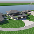 Modern Lakefront Architecture Complex With Green Lawn Curved Path And Arch Bridge