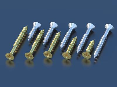 Different Types of Gold and Silver Screws with Flat Heads on Blue Background 3d model