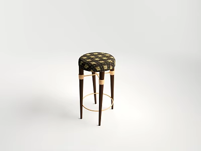 Modern Bar Stool With Plaid Patterned Cushion Dark Wooden Legs And Gold Metal Rings 3d model