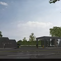 Modern Entrance Gate Building Structure With Glass Windows And Trees Along Road With Vehicles
