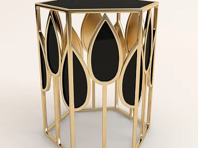 Hexagonal Side Table with Gold Frame Black Tabletop and Leaf Shaped Decorations 3d model