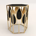 Hexagonal Side Table with Gold Frame Black Tabletop and Leaf Shaped Decorations