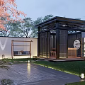 Traditional Chinese Garden Landscape With Water Feature Stone Path Lush Greenery And Lighting
