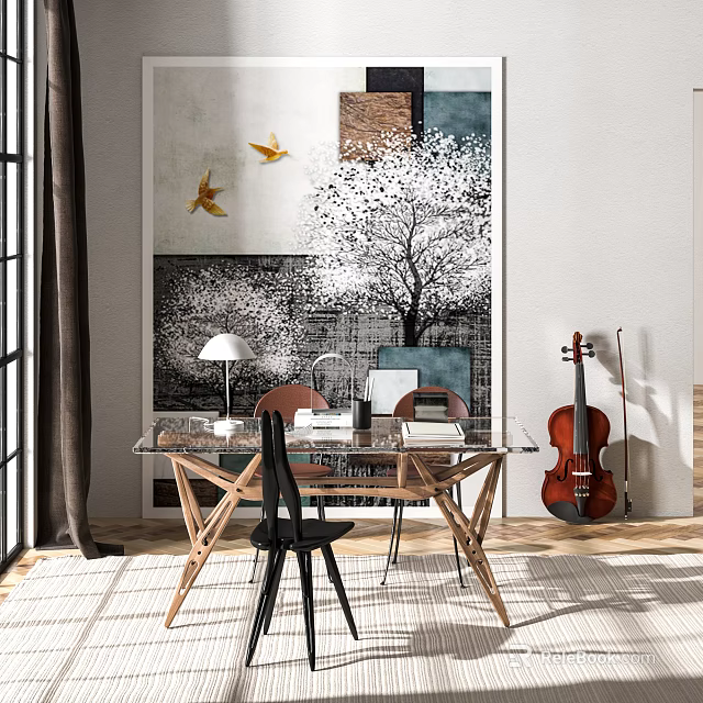 Modern Dining Table Set With Glass Top Wooden Legs Artistic Decor Violin And Wall Art 3d model 