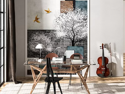 Modern Dining Table Set With Glass Top Wooden Legs Artistic Decor Violin And Wall Art 3d model