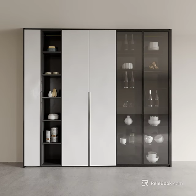 Modern Decorative Cabinet With Glass Doors And White Panels Displaying Tableware Cups Vases 3d model 