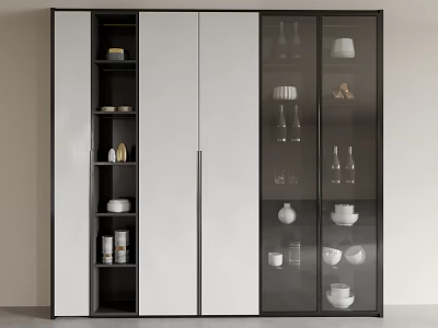 Modern Decorative Cabinet With Glass Doors And White Panels Displaying Tableware Cups Vases 3d model