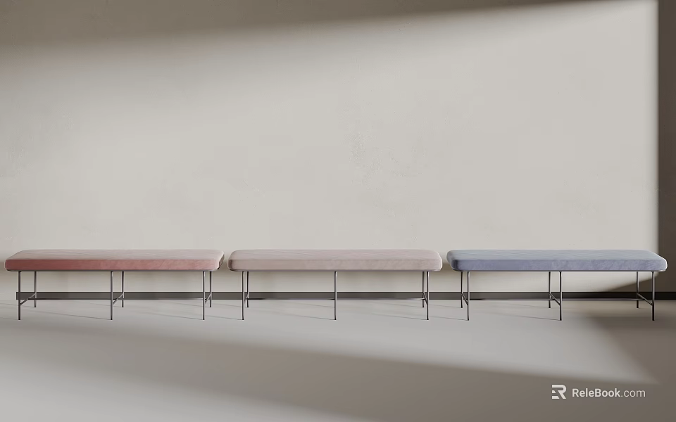 Modern Different Colored Benches In Pink Beige Blue With Metal Legs Against Light Wall 3d model 