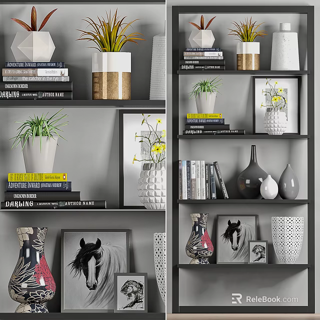 Modern Decorative Ornament Combination on Shelves with Books Green Plants Vases Photo Frames and Paintings 3d model 