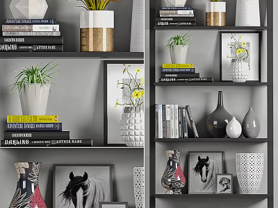 Modern Decorative Ornament Combination on Shelves with Books Green Plants Vases Photo Frames and Paintings 3d model