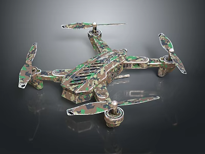 Camouflage Drone With Four Propellers And Metallic Structure On Black Background 3d model